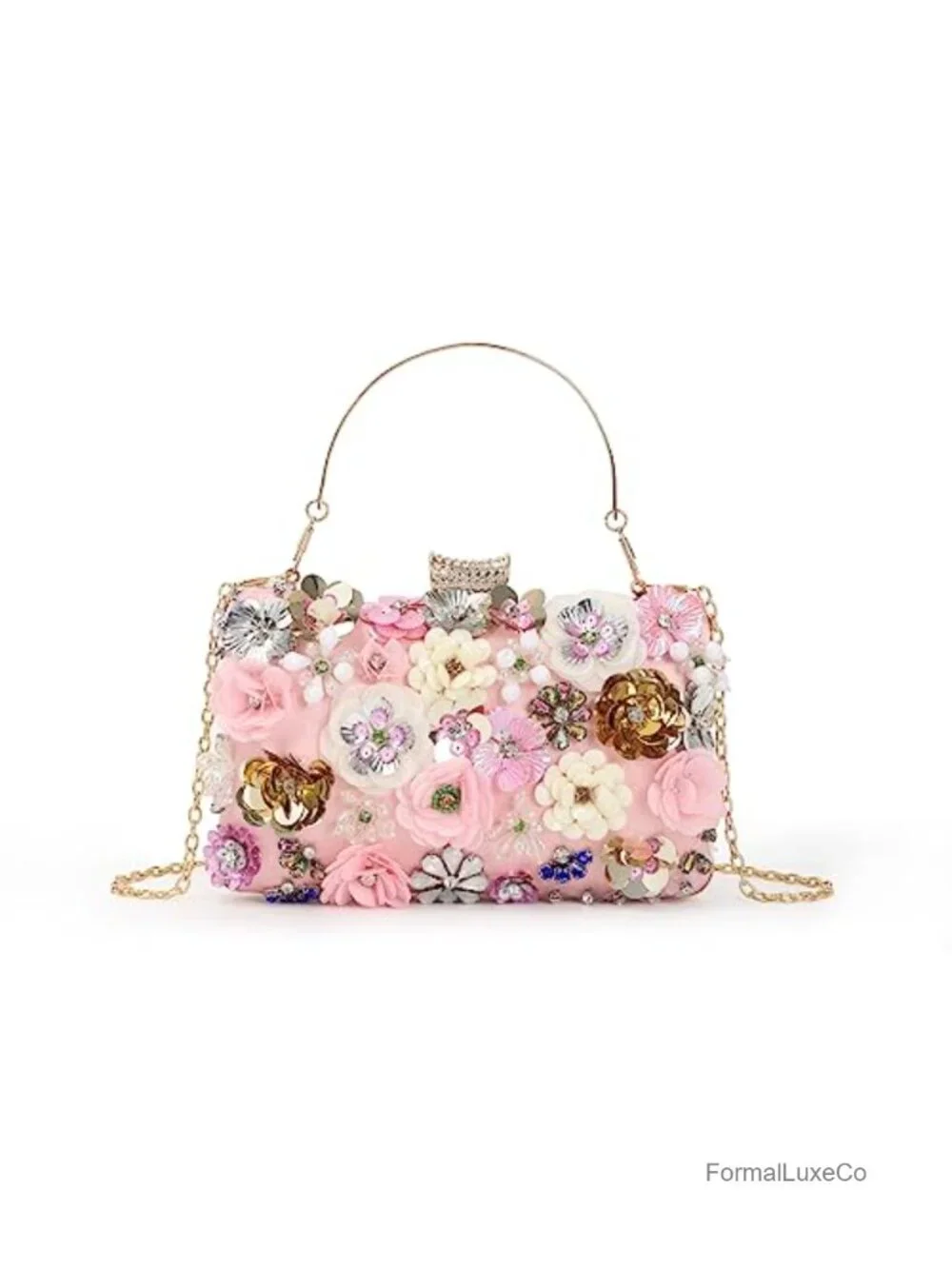 Evening Clutch Handbag with Multi-Colored 3D Flowers and Chain Strap